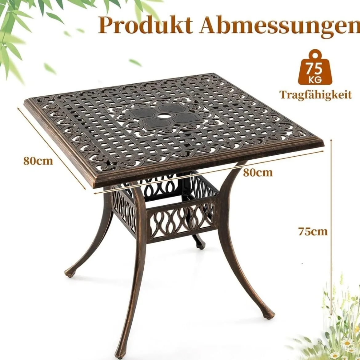 Gartentisch mit Schirmloch Quadratischer Balkontisch Wetterfester Terrassentisch