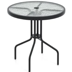 Gartentisch mit Schirmloch 70x70x71cm Bistrotisch mit Tischplatte aus gehärtetem Glas