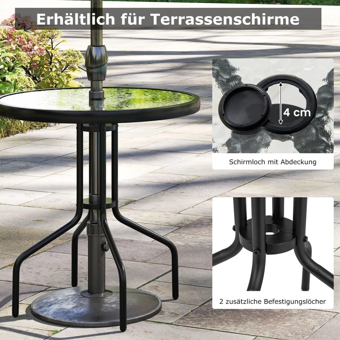 Gartentisch mit Schirmloch 70x70x71cm Bistrotisch mit Tischplatte aus gehärtetem Glas
