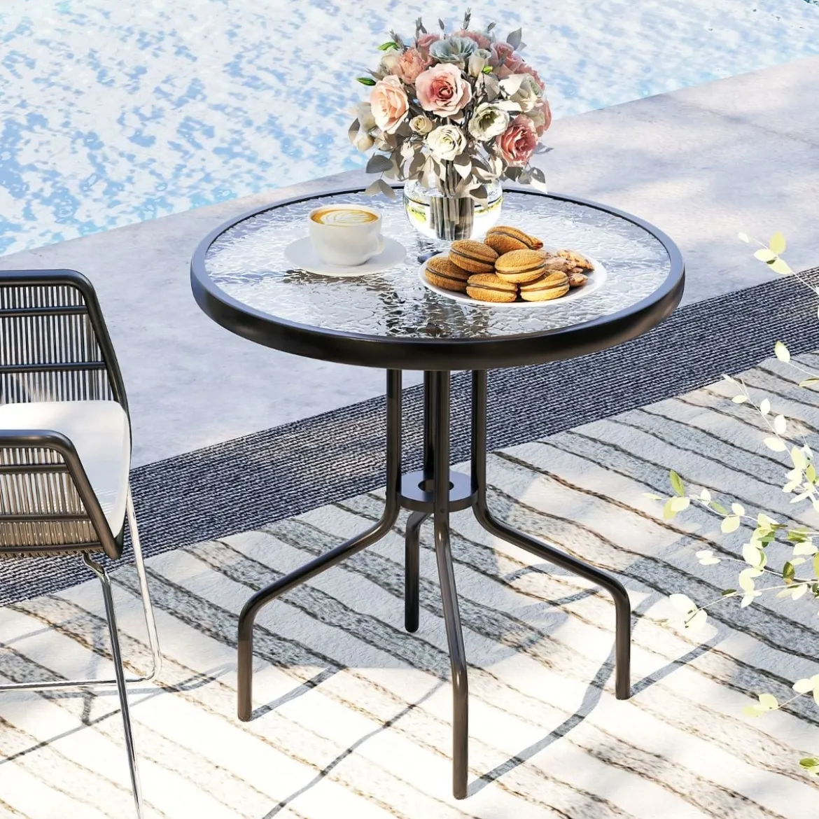 Gartentisch mit Schirmloch 70x70x71cm Bistrotisch mit Tischplatte aus gehärtetem Glas