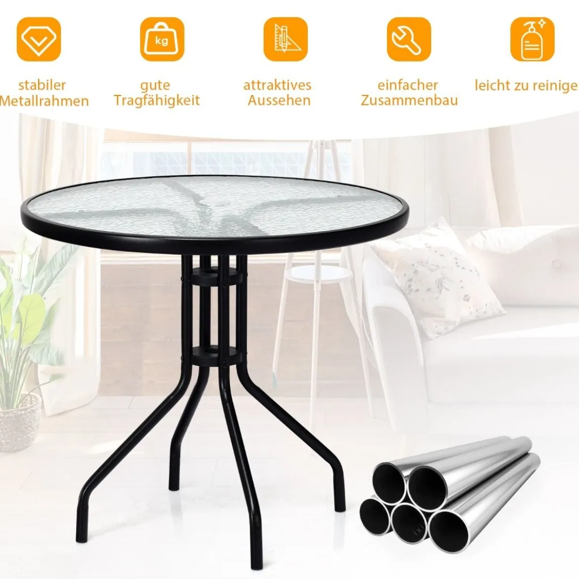 Gartentisch mit Tischplatte aus Gehärtetem Glas & Schirmloch & Metallrahmen Terrassentisch