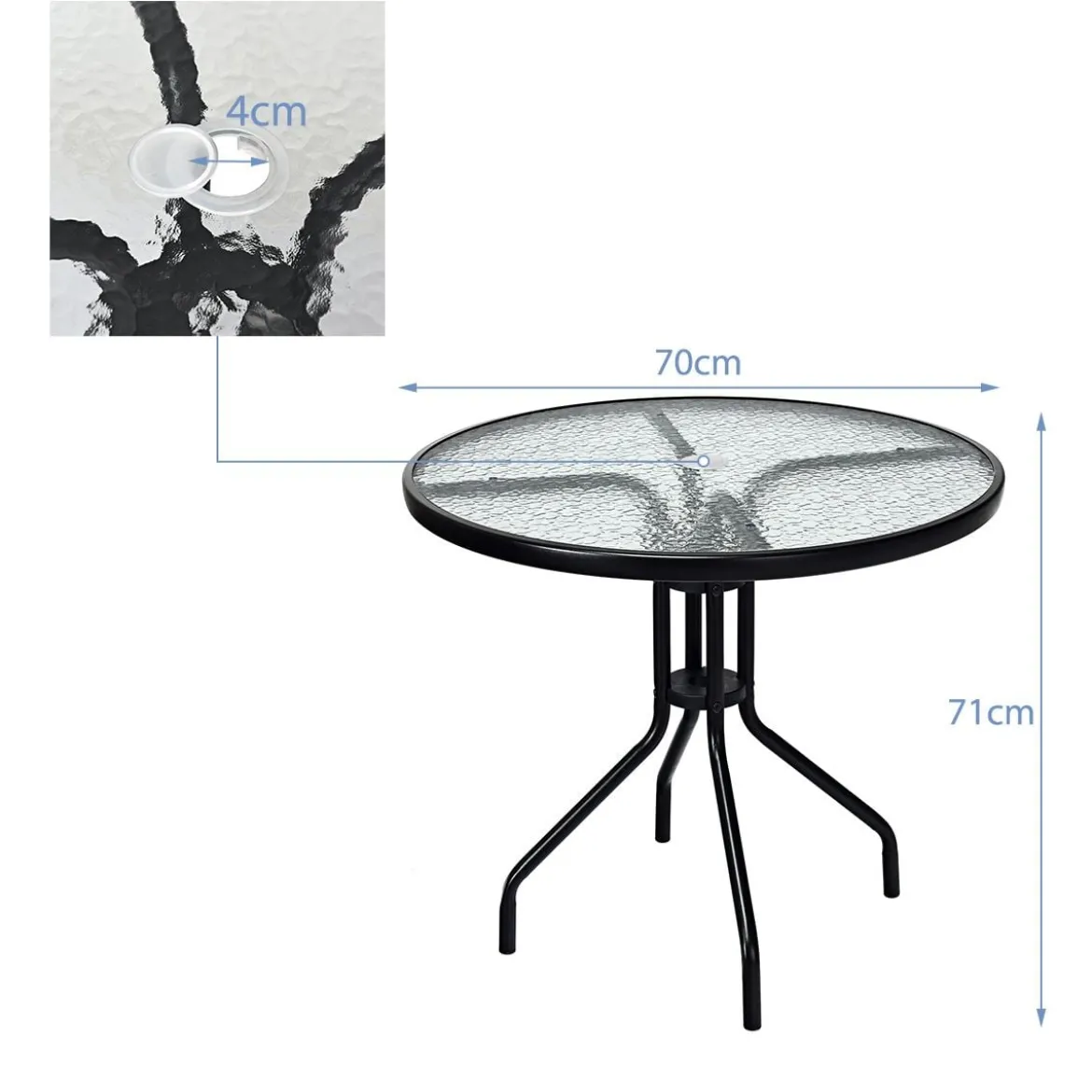 Gartentisch mit Tischplatte aus Gehärtetem Glas & Schirmloch & Metallrahmen Terrassentisch