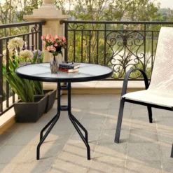 Gartentisch mit Tischplatte aus Gehärtetem Glas & Schirmloch & Metallrahmen Terrassentisch