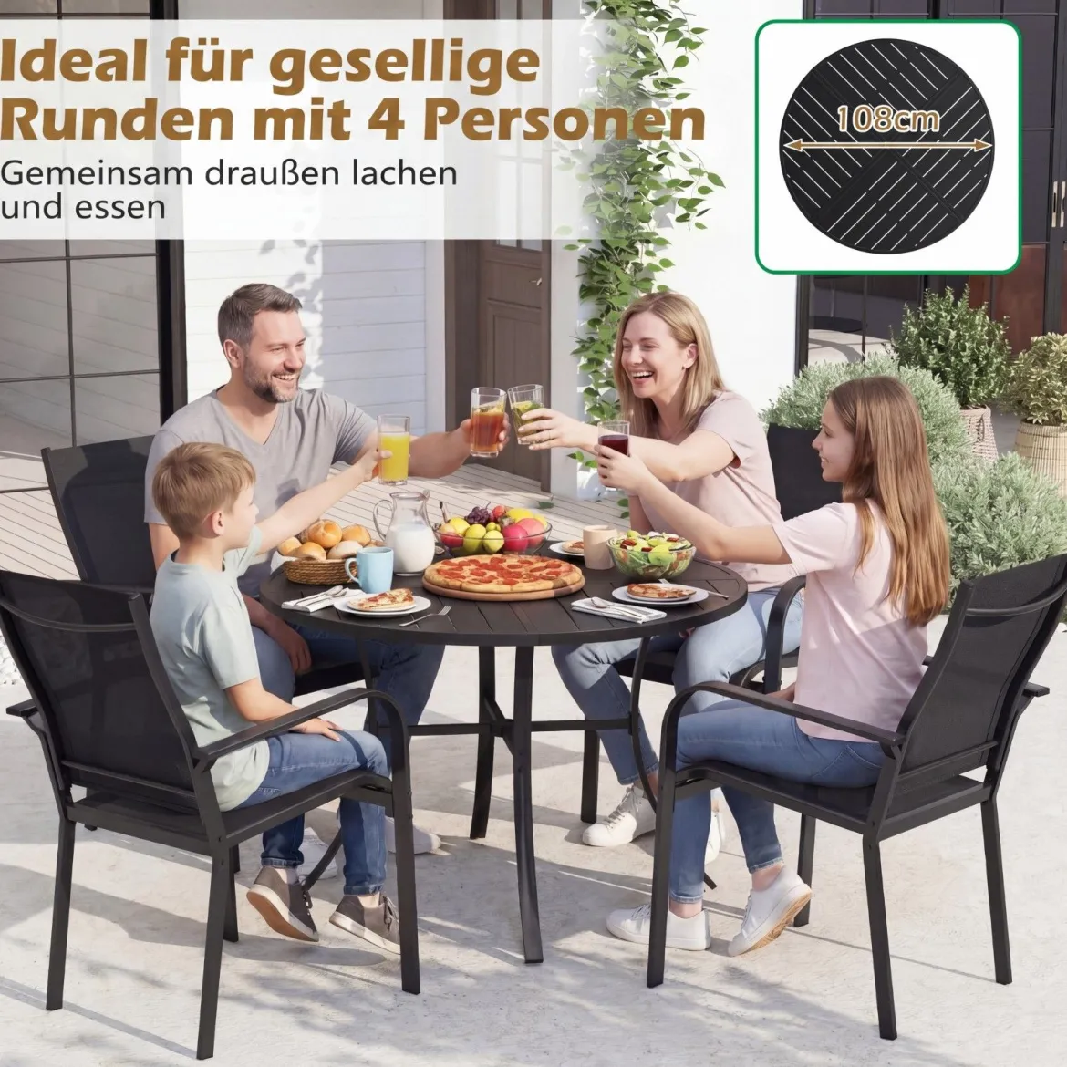 Gartentisch Rund Metall Ø 108 cm Wetterfester Esstisch für 4 Personen Robuster Terrassentisch