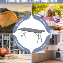 Gartentisch 180 x 74cm Campingtisch klappbar Klapptisch mit HDPE-Tischplatte & TragegriffGrau