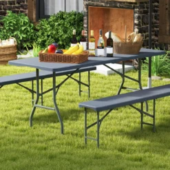 Gartentisch 180 x 74cm Campingtisch klappbar Klapptisch mit HDPE-Tischplatte & TragegriffGrau