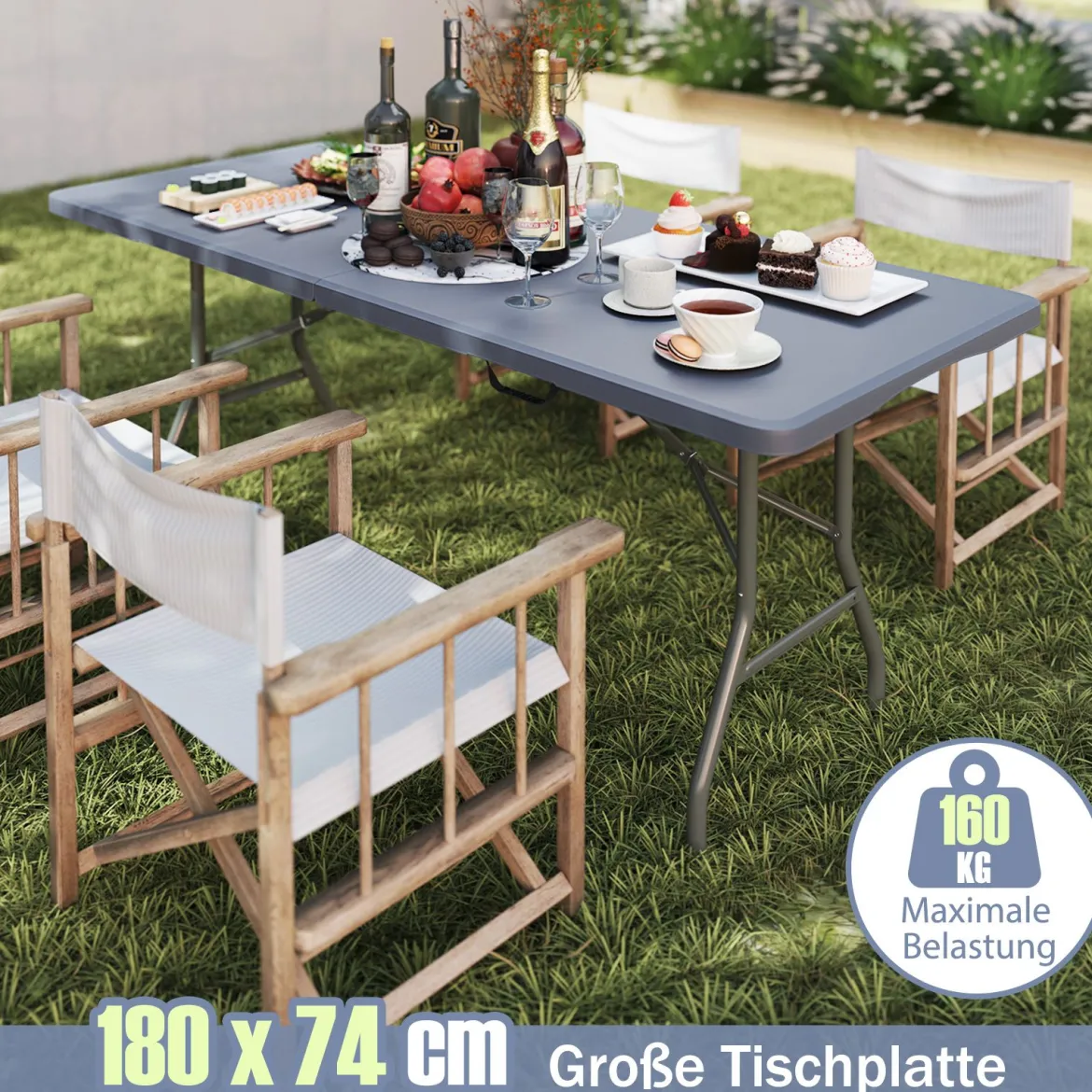 Gartentisch 180 x 74cm Campingtisch klappbar Klapptisch mit HDPE-Tischplatte & TragegriffGrau