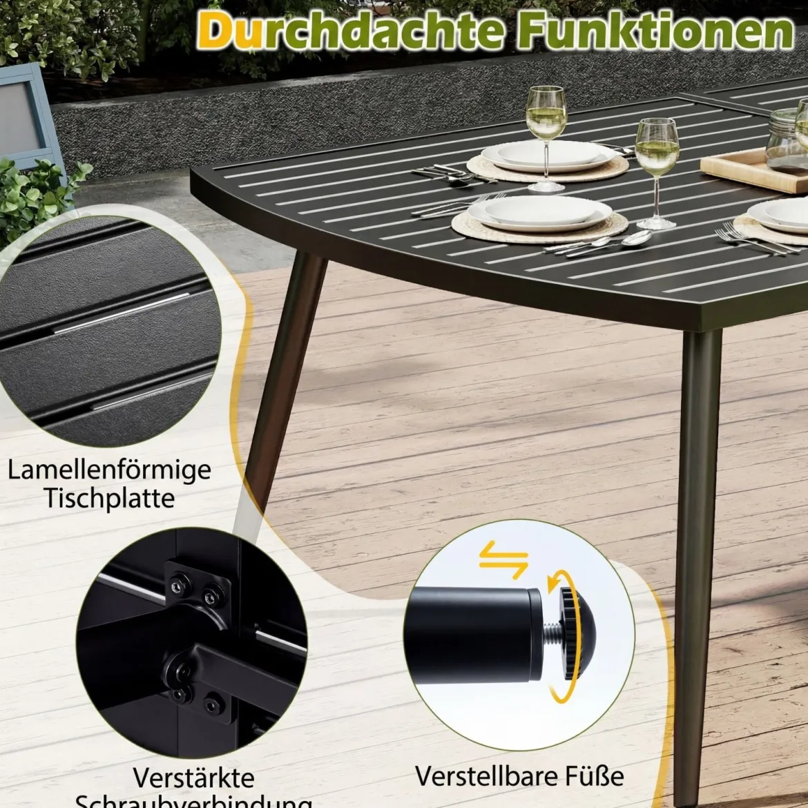 Gartentisch 160 x 90 cm Outdoor Esstisch für 6 Personen Balkontisch aus Metall mit 4 cm Schirmloch
