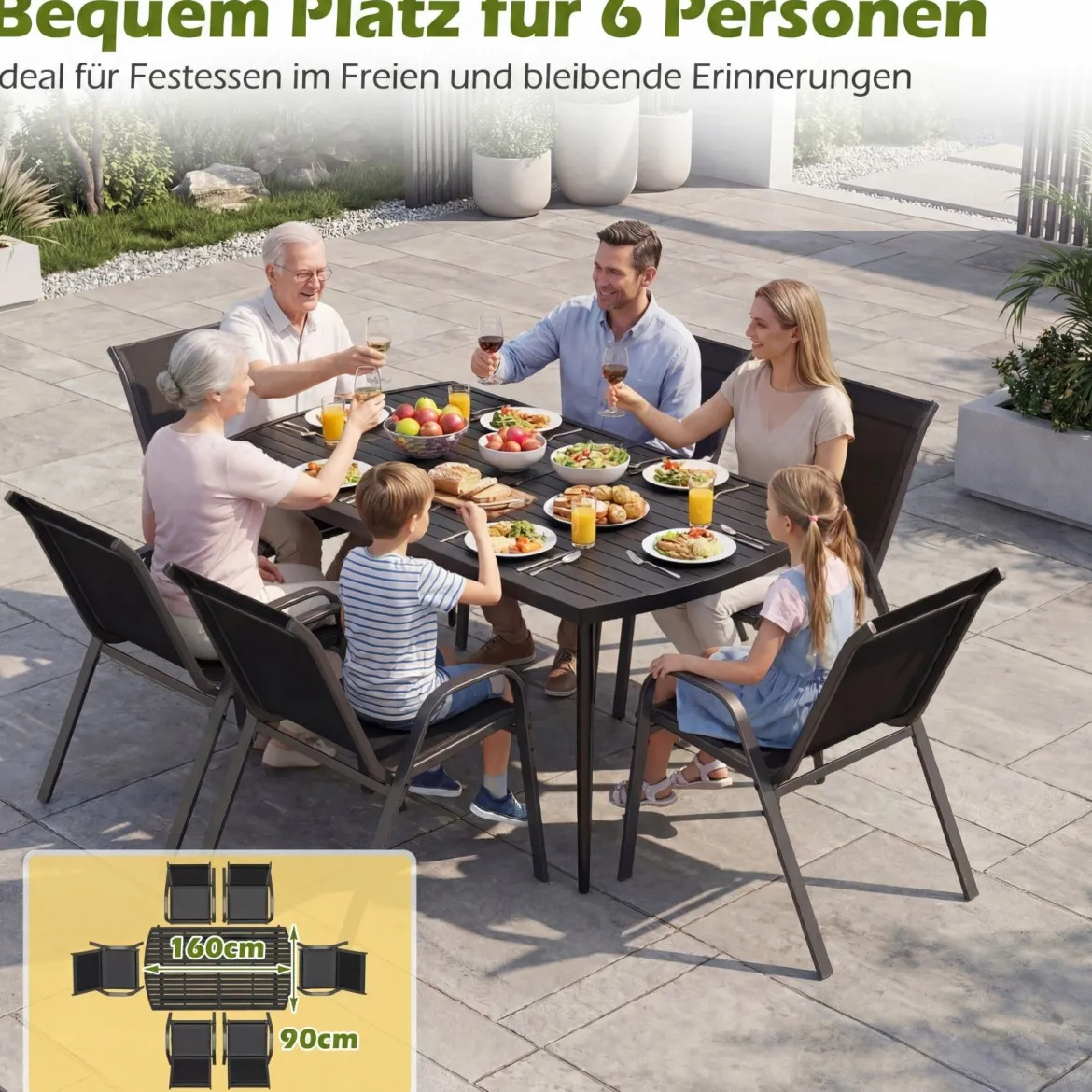 Gartentisch 160 x 90 cm Outdoor Esstisch für 6 Personen Balkontisch aus Metall mit 4 cm Schirmloch