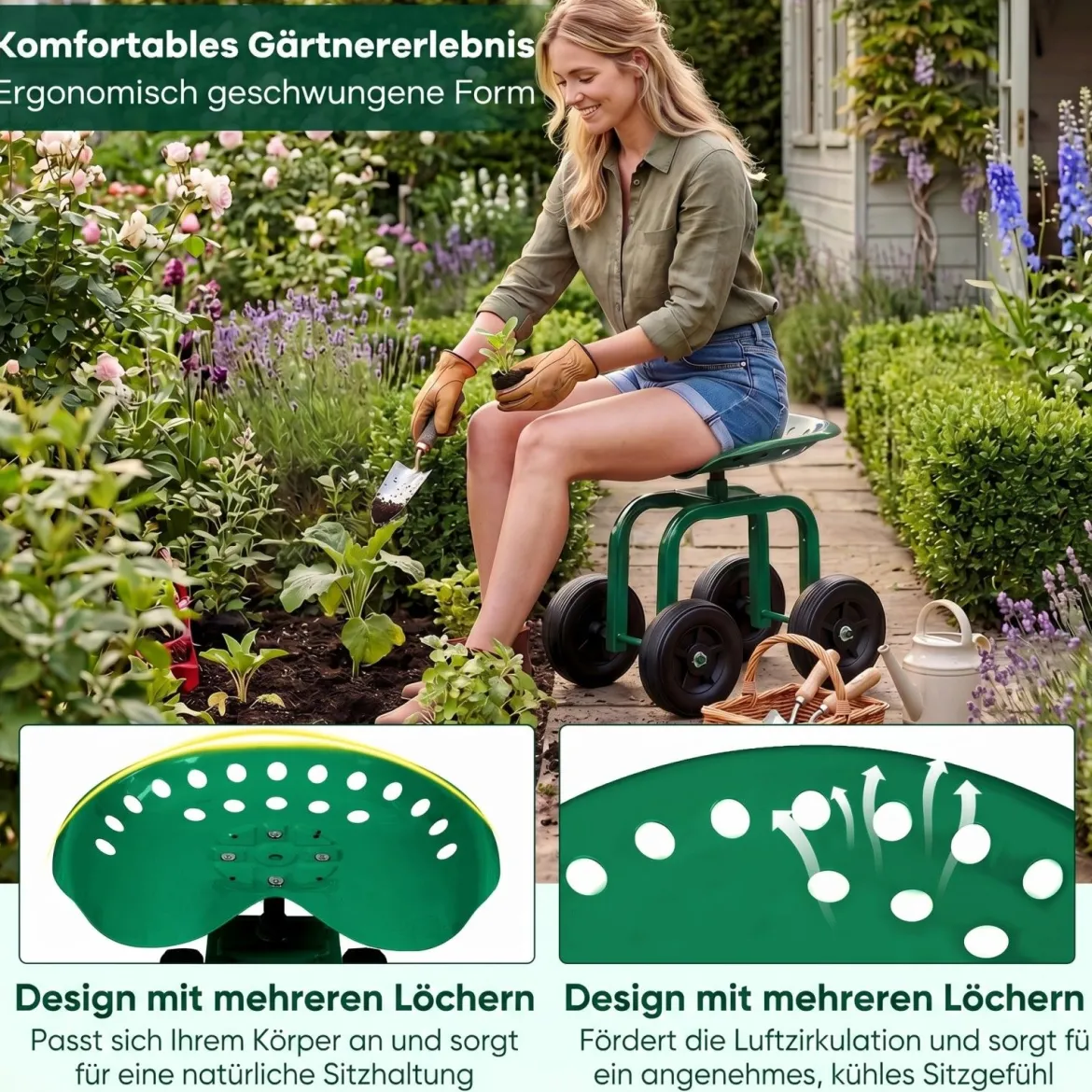 Gartenwagen auf Rädern Rollender Arbeitssitz mit um 360 ° drehbarem Sitz und verstellbarer Höhe