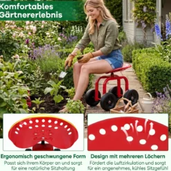 Gartenwagen auf Rädern Rollender Arbeitssitz mit um 360 ° Drehbarem Sitz und Verstellbarer Höhe Rot