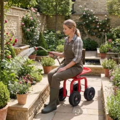 Gartenwagen auf Rädern Rollender Arbeitssitz mit um 360 ° Drehbarem Sitz und Verstellbarer Höhe Rot