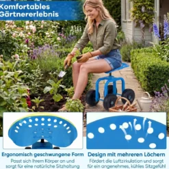 Gartenwagen auf Rädern Rollender Arbeitssitz mit um 360 ° Drehbarem Sitz und Verstellbarer Höhe Blau
