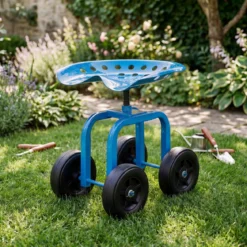 Gartenwagen auf Rädern Rollender Arbeitssitz mit um 360 ° Drehbarem Sitz und Verstellbarer Höhe Blau