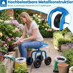 Gartenwagen auf Rädern Rollender Arbeitssitz mit um 360 ° Drehbarem Sitz und Verstellbarer Höhe Blau