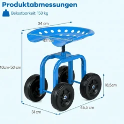Gartenwagen auf Rädern Rollender Arbeitssitz mit um 360 ° Drehbarem Sitz und Verstellbarer Höhe Blau