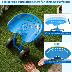 Gartenwagen auf Rädern Rollender Arbeitssitz mit um 360 ° Drehbarem Sitz und Verstellbarer Höhe Blau