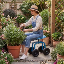 Gartenwagen auf Rädern Rollender Arbeitssitz mit um 360 ° Drehbarem Sitz und Verstellbarer Höhe Blau