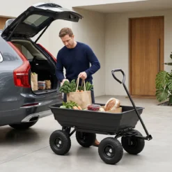 Gartenwagen mit Kippfunktion Transportwagen mit 75L Kunststoffwanne & Verstellbarer Schiebegriff
