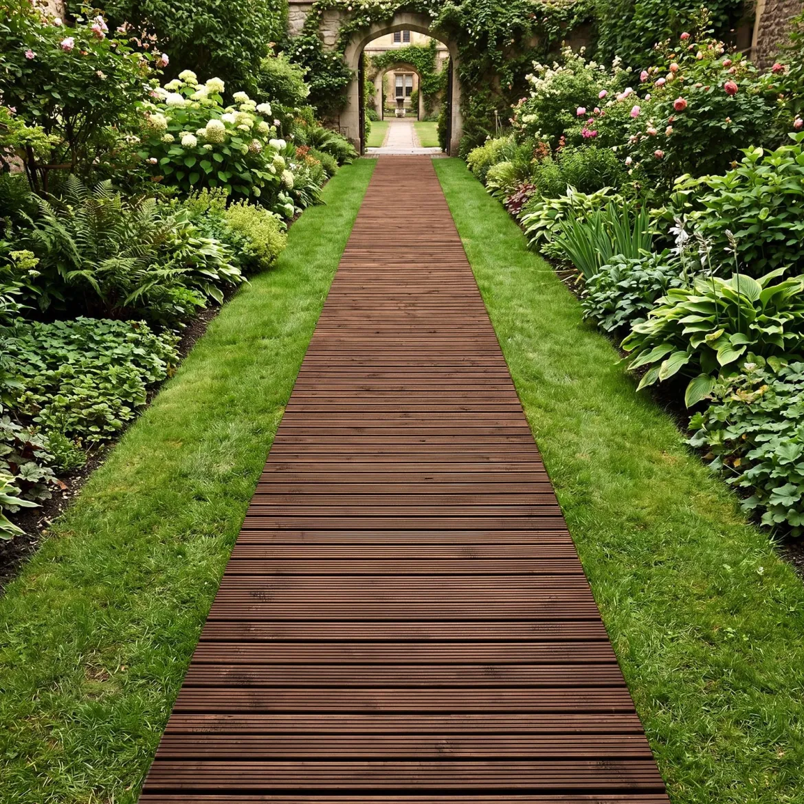 Gartenweg Holz Outdoor Rollweg mit Rutschfester Oberfläche Ausrollbarer Holzweg 367 x 55 cm Braun/Natur