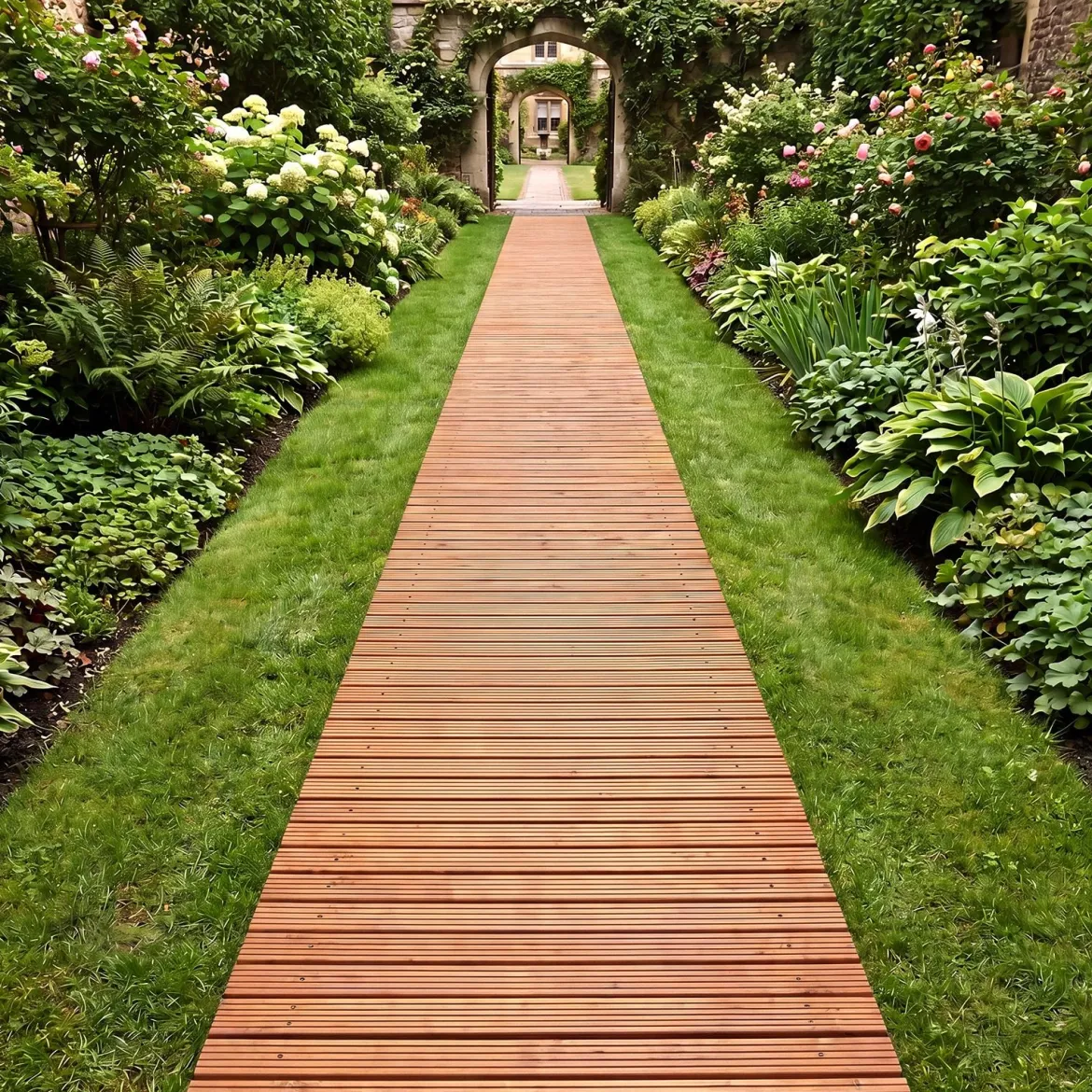 Gartenweg Holz Outdoor Rollweg mit Rutschfester Oberfläche Ausrollbarer Holzweg 367 x 55 cm Braun/Natur