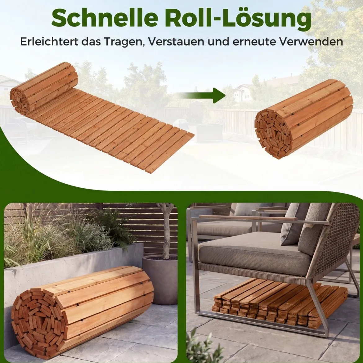 Gartenweg Holz Outdoor Rollweg mit Rutschfester Oberfläche Ausrollbarer Holzweg 367 x 55 cm Braun/Natur