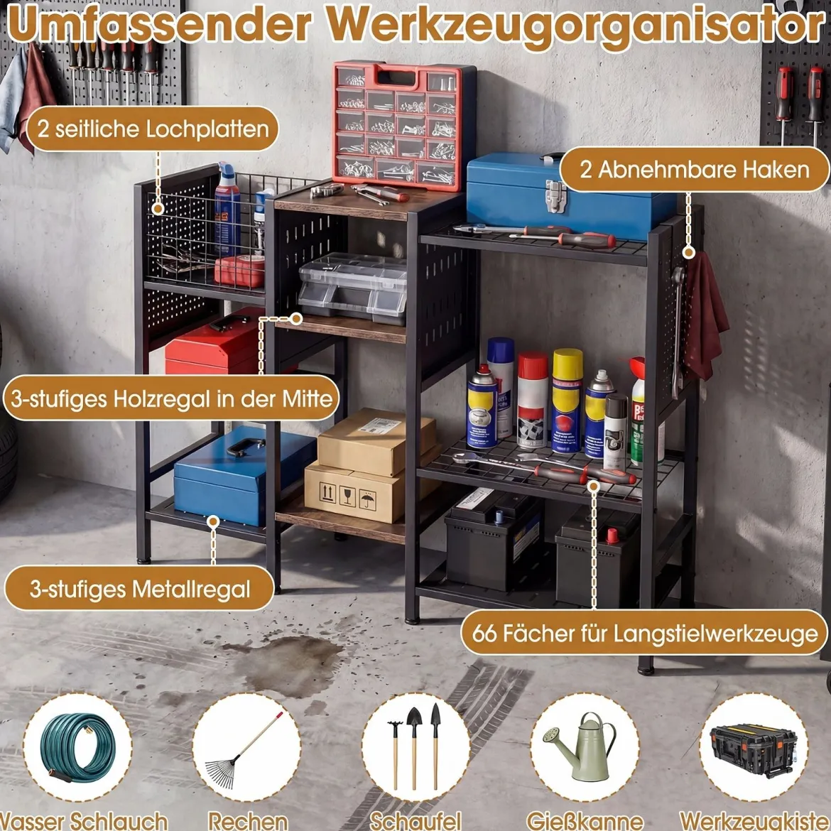 Gartenwerkzeugregal aus Metall Werkzeugregal mit 66 Werkzeugschlitzen 5 Ablagen Metallkorb & 2 Haken