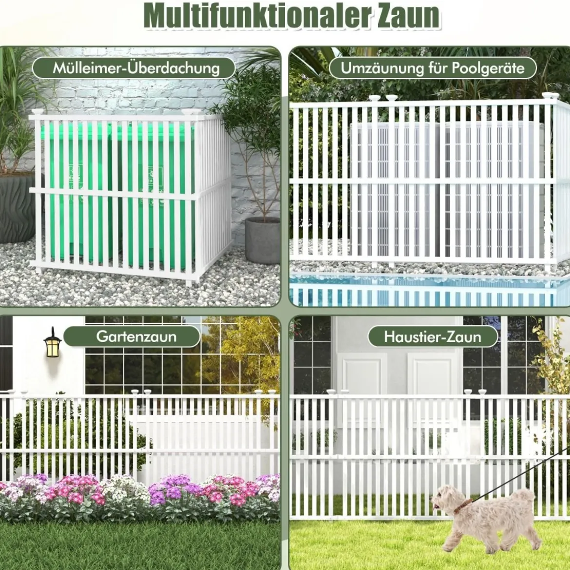 Gartenzaun 2-teilig 114 cm hoch Zaun mit Pfosten & Schutzkappen Sichtschutzzaun Weiß