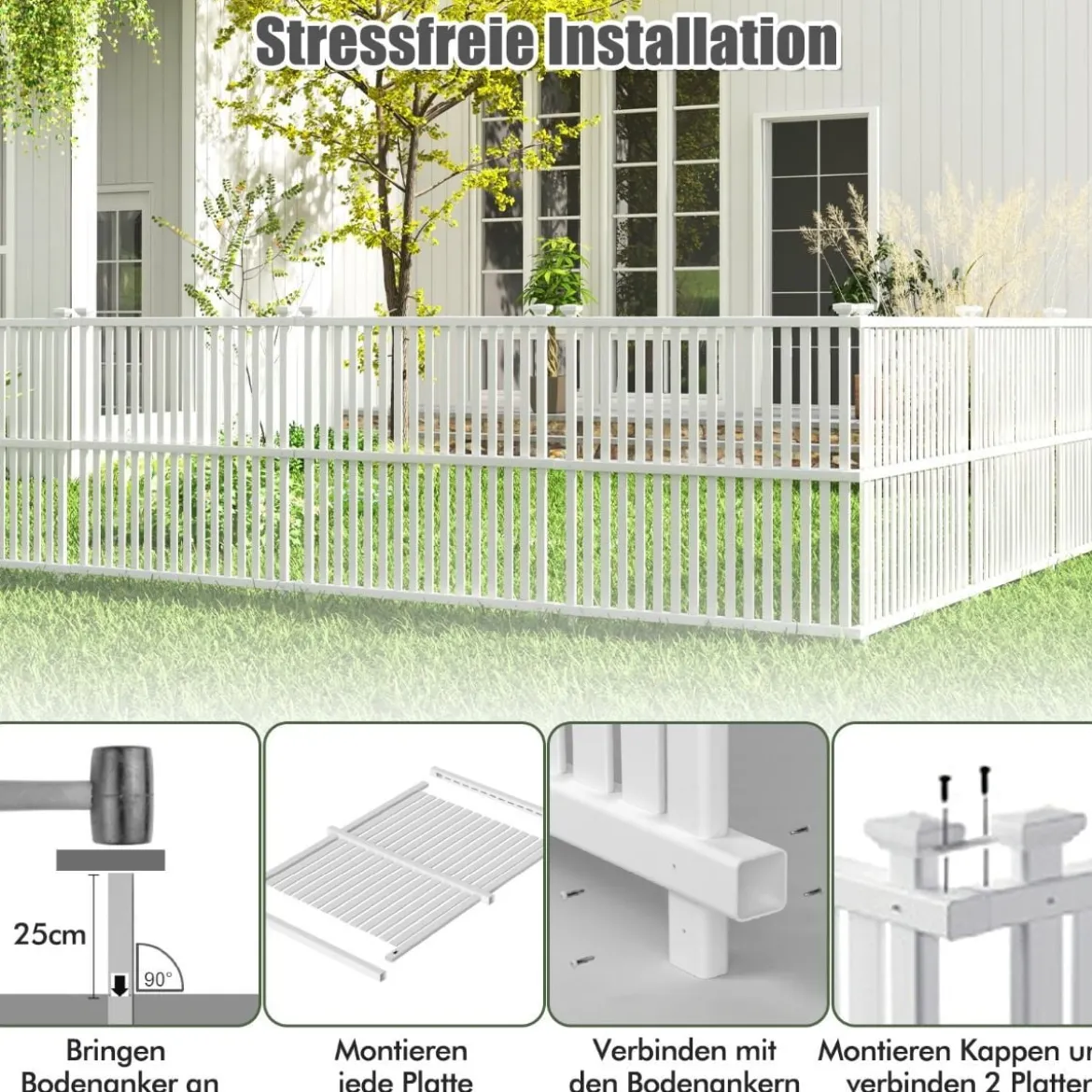 Gartenzaun 2-teilig 114 cm hoch Zaun mit Pfosten & Schutzkappen Sichtschutzzaun Weiß
