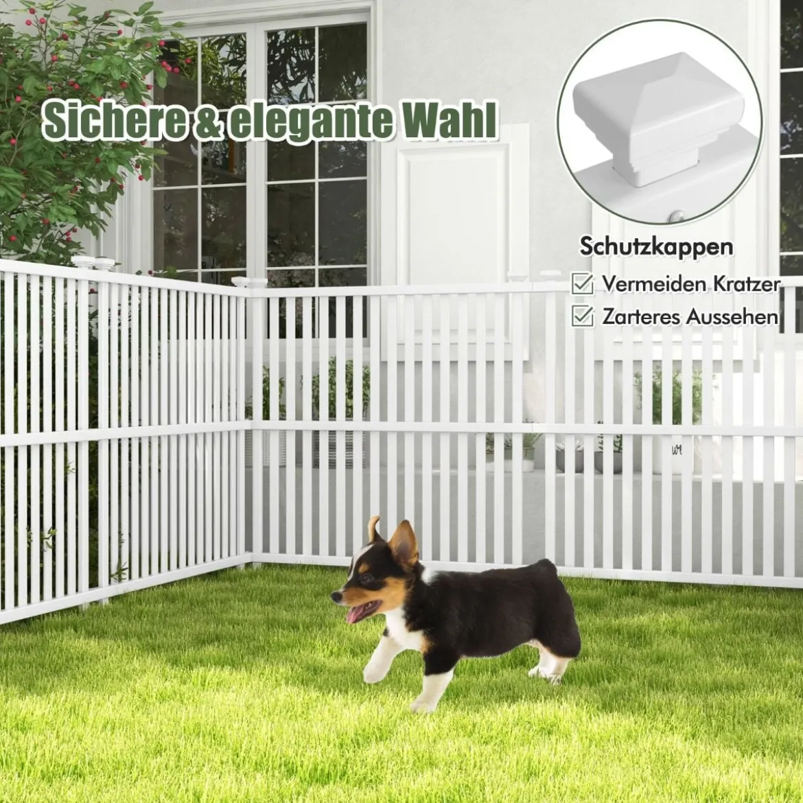 Gartenzaun 2-teilig 114 cm hoch Zaun mit Pfosten & Schutzkappen Sichtschutzzaun Weiß