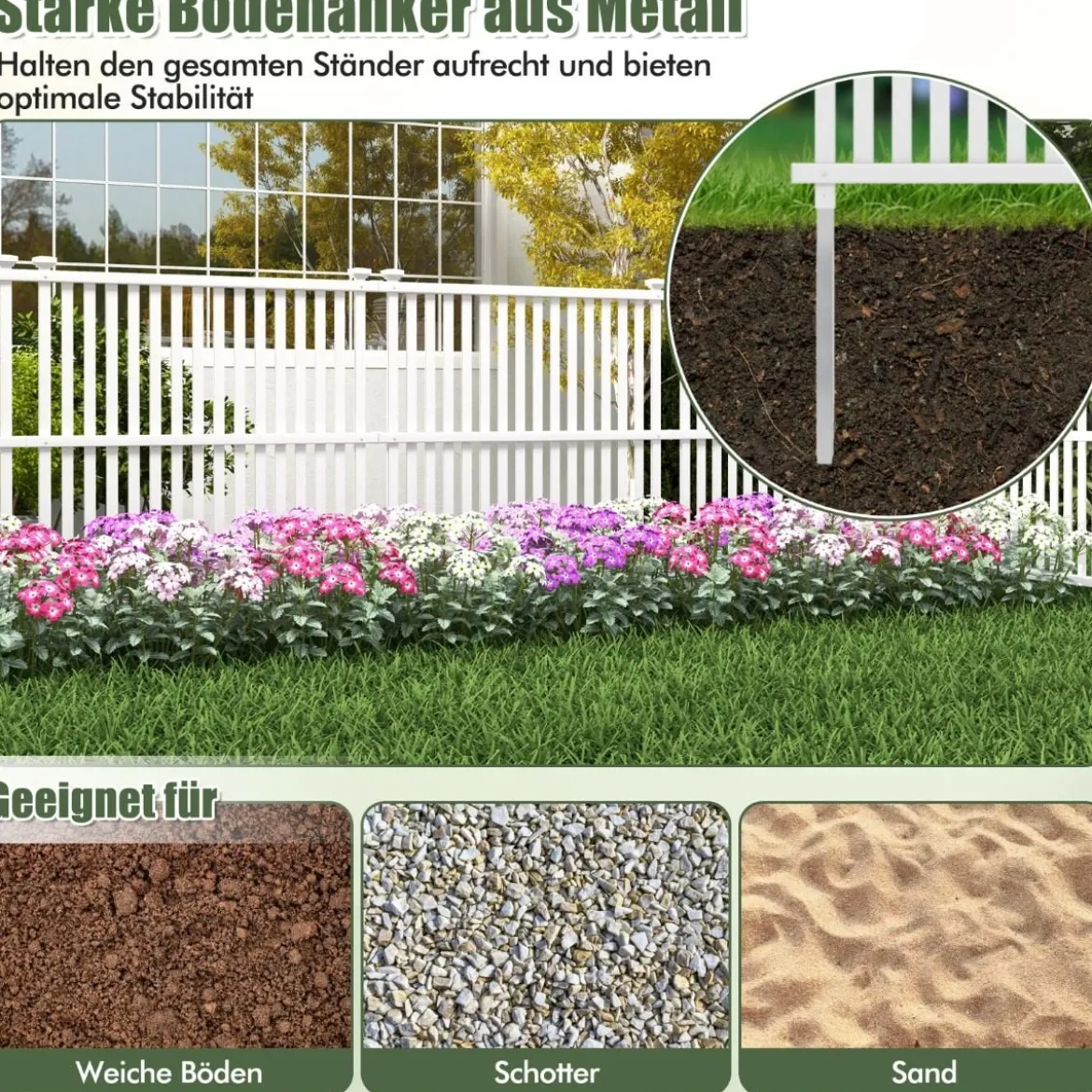 Gartenzaun 2-teilig 114 cm hoch Zaun mit Pfosten & Schutzkappen Sichtschutzzaun Weiß