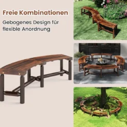 Gebogener Gartenbank Massivholz-Feuerstellenbank für 2-3 Personen Sitzbank im Freien Braun