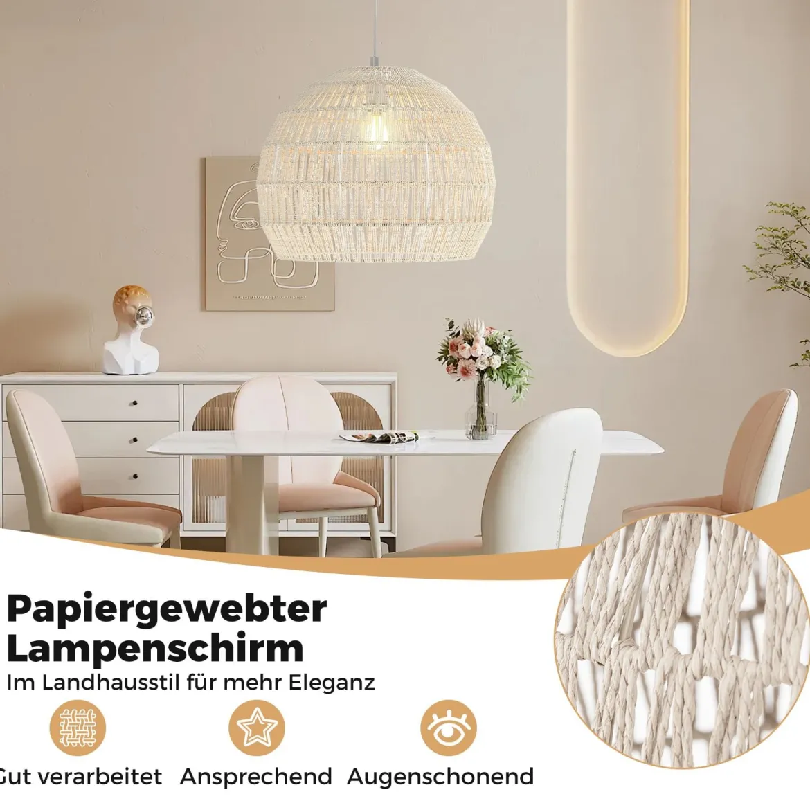 Geflochtene Pendelleuchte Boho Deckenleuchte mit Verstellbarer Aufhänghöhe Hängelampe Beige