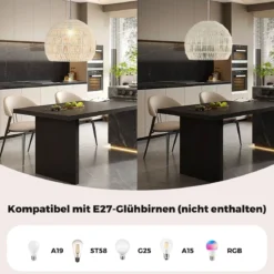 Geflochtene Pendelleuchte Boho Deckenleuchte mit Verstellbarer Aufhänghöhe Hängelampe Beige