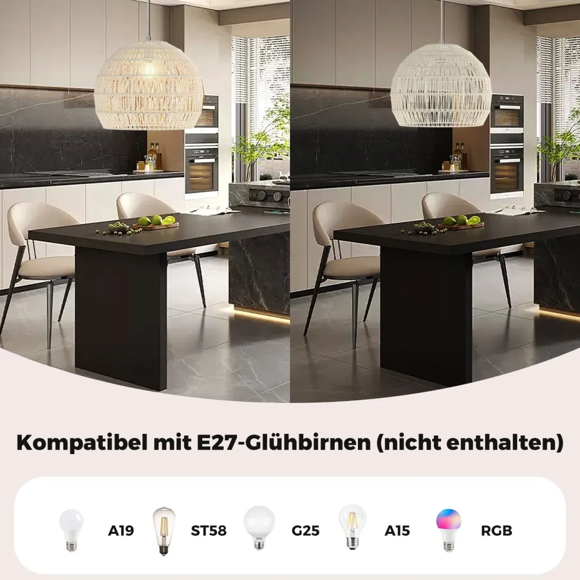 Geflochtene Pendelleuchte Boho Deckenleuchte mit Verstellbarer Aufhänghöhe Hängelampe Beige