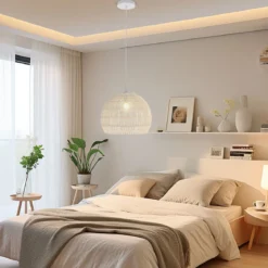 Geflochtene Pendelleuchte Boho Deckenleuchte mit Verstellbarer Aufhänghöhe Hängelampe Beige