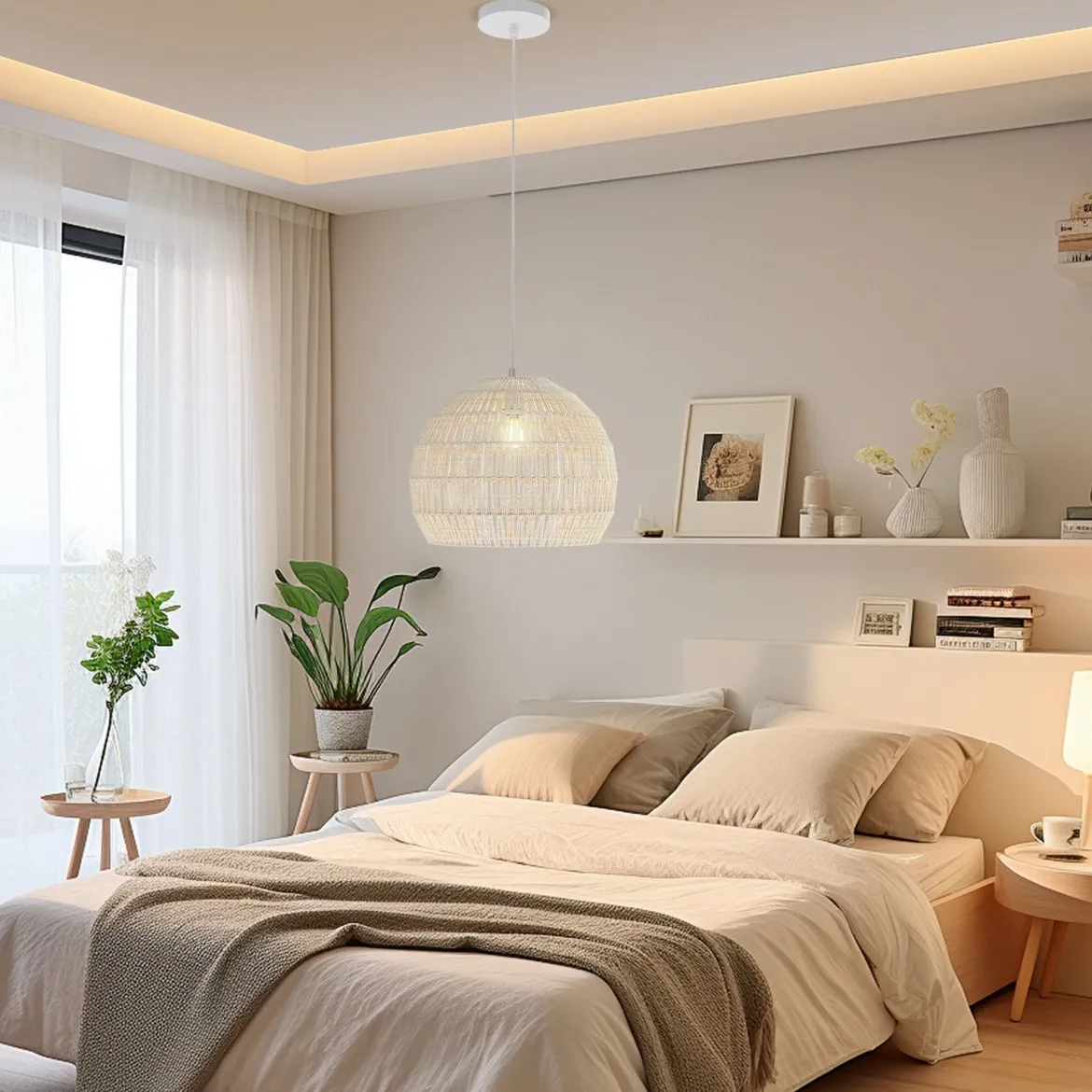Geflochtene Pendelleuchte Boho Deckenleuchte mit Verstellbarer Aufhänghöhe Hängelampe Beige