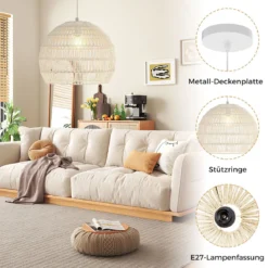 Geflochtene Pendelleuchte Boho Deckenleuchte mit Verstellbarer Aufhänghöhe Hängelampe Beige