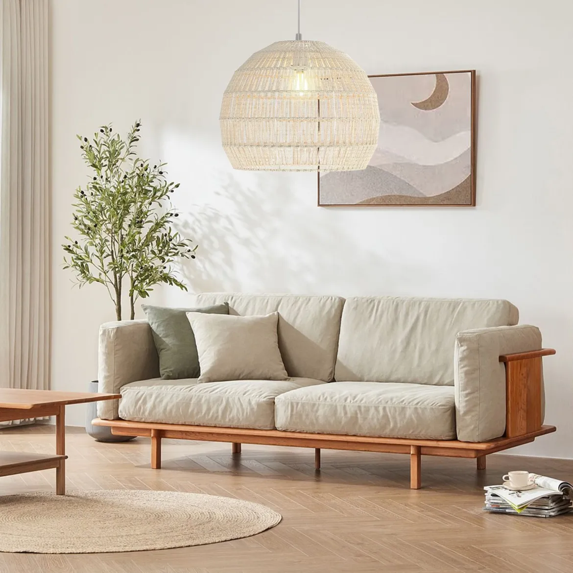Geflochtene Pendelleuchte Boho Deckenleuchte mit Verstellbarer Aufhänghöhe Hängelampe Beige