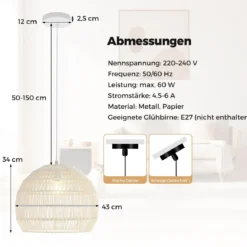 Geflochtene Pendelleuchte Boho Deckenleuchte mit Verstellbarer Aufhänghöhe Hängelampe Beige