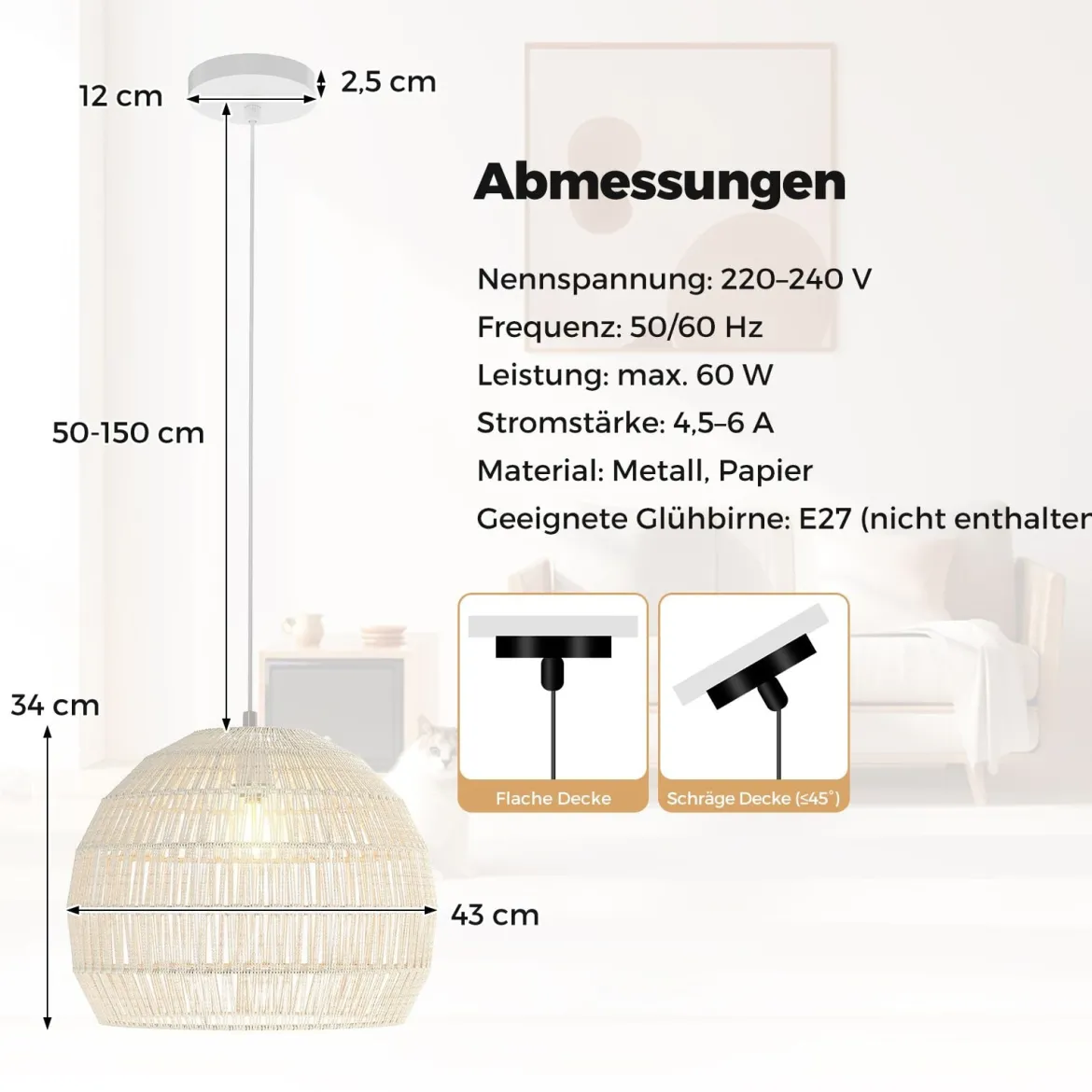 Geflochtene Pendelleuchte Boho Deckenleuchte mit Verstellbarer Aufhänghöhe Hängelampe Beige
