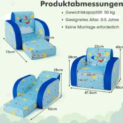 Gemütlicher 3-in-1 umbaubarer Kindersessel Kinder Klappsofa 92 x 47 x 29 cm Blau