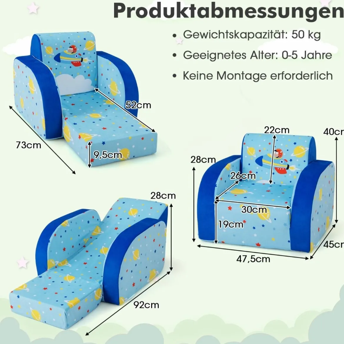 Gemütlicher 3-in-1 umbaubarer Kindersessel Kinder Klappsofa 92 x 47 x 29 cm Blau