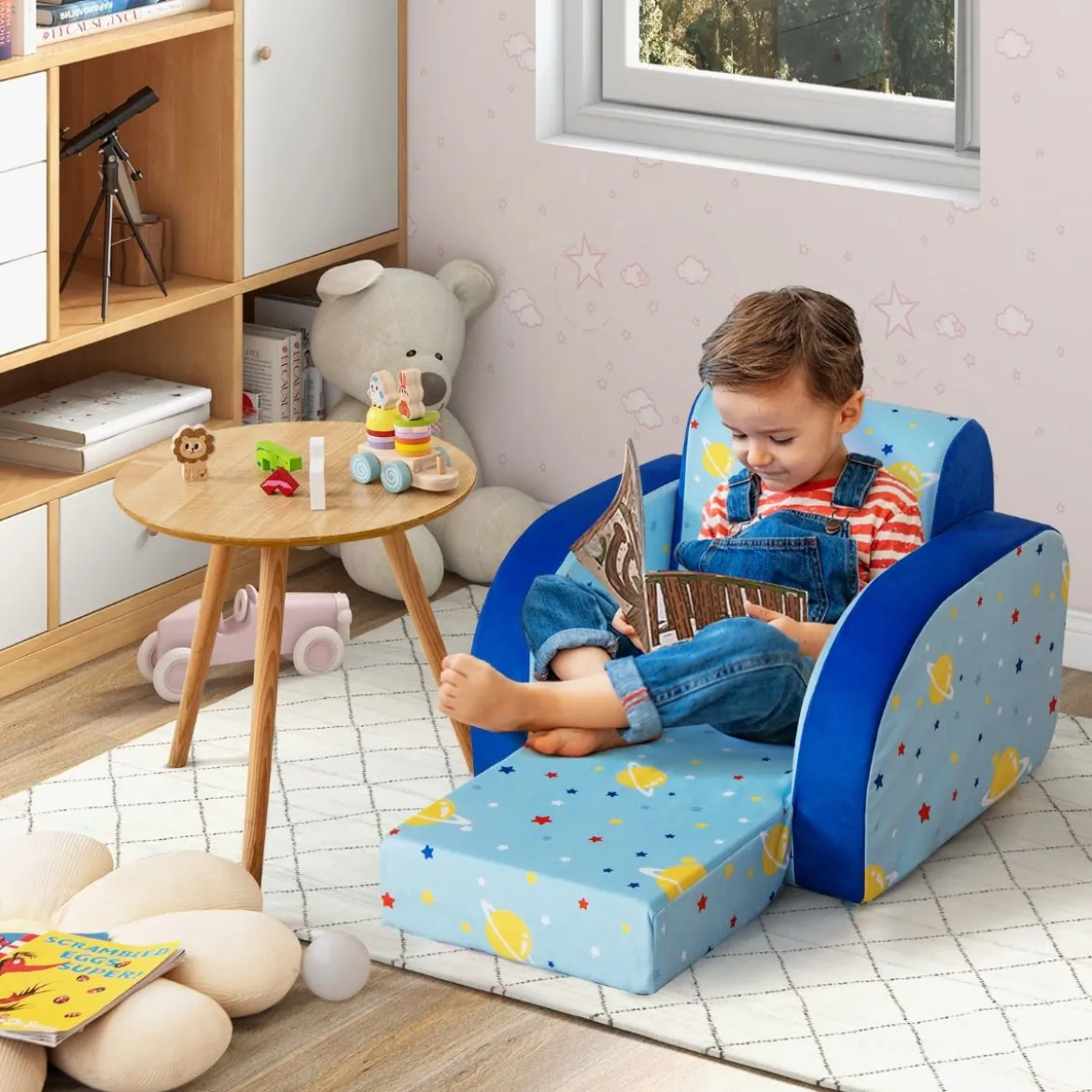 Gemütlicher 3-in-1 umbaubarer Kindersessel Kinder Klappsofa 92 x 47 x 29 cm Blau