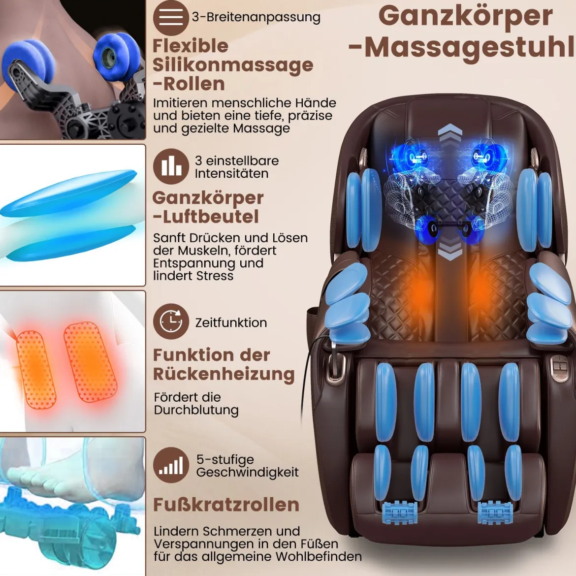 Generisch Relaxe Massagesessel Ganzkörper Massagestuhl elektrisch mit Heizung und Luftkompression Braun