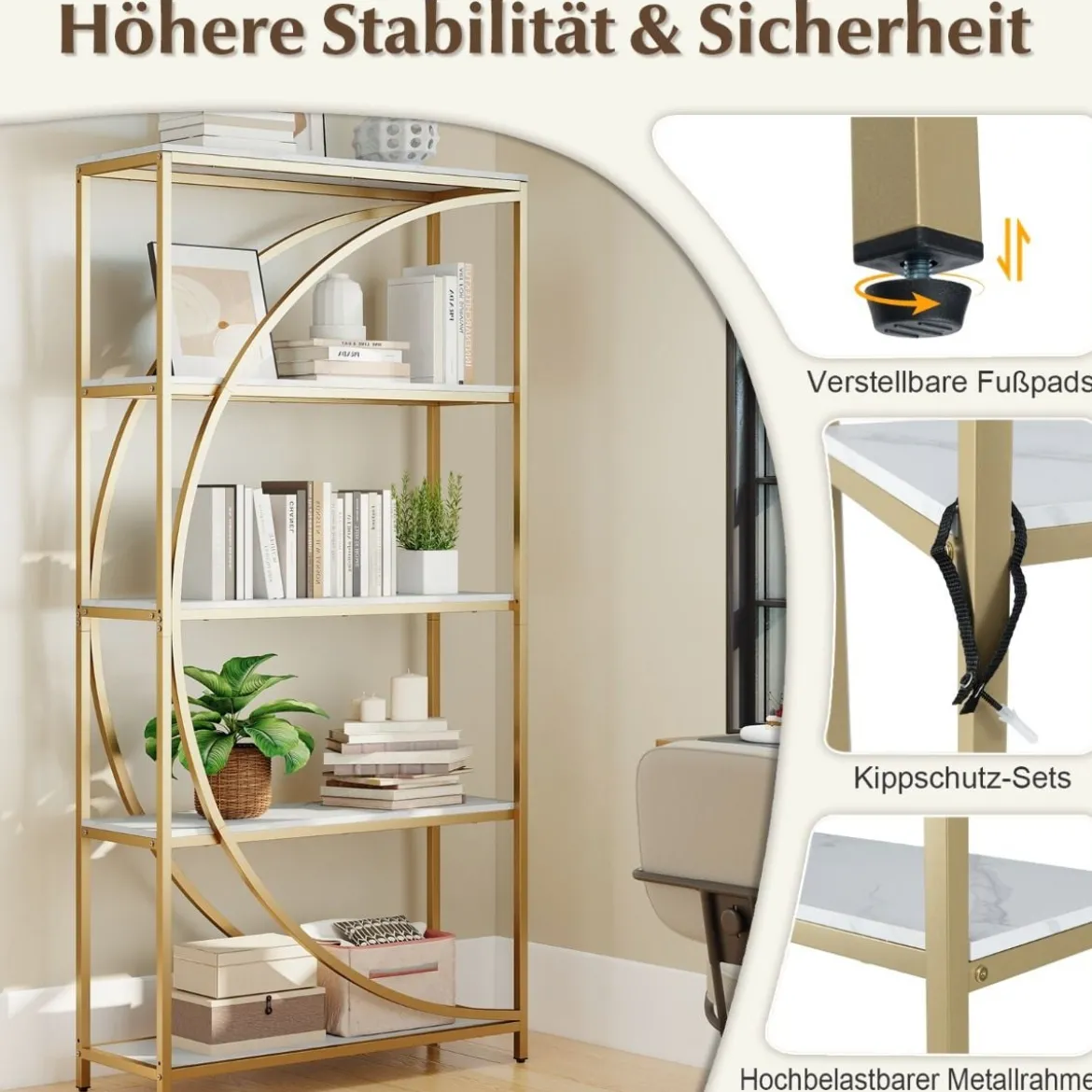Geometrisches Bücherregal mit Offenen Holzregale & Metallrahmen Büroregal Standregal Gold & Weiß