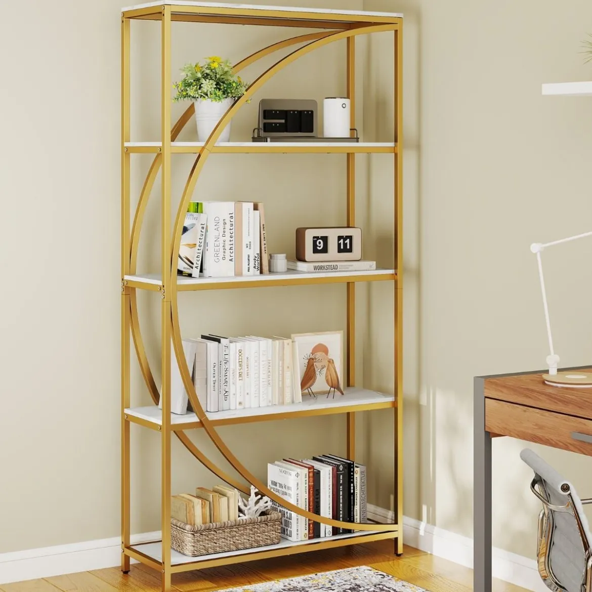 Geometrisches Bücherregal mit Offenen Holzregale & Metallrahmen Büroregal Standregal Gold & Weiß