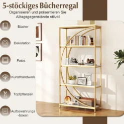 Geometrisches Bücherregal mit Offenen Holzregale & Metallrahmen Büroregal Standregal Gold & Weiß