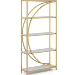 Geometrisches Bücherregal mit Offenen Holzregale & Metallrahmen Büroregal Standregal Gold & Weiß
