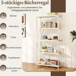 Geometrisches Bücherregal mit Offenen Holzregale & Metallrahmen Büroregal Standregal Weiß & Natur